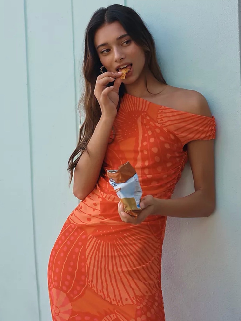 FARM Rio x Anthropology One-Shoulder Orange Shell-Print Dress